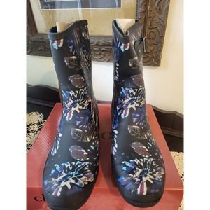 Chooka Rain Boots 9 black with floral design midcalf. Waterproof. New in box.